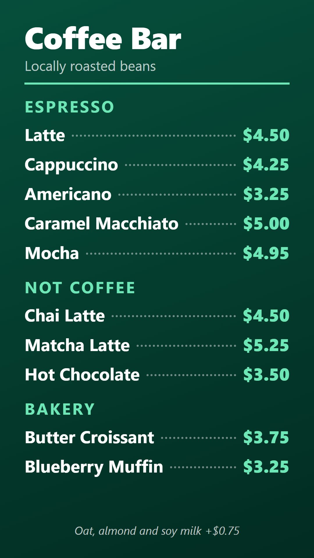 A portrait menu board for a coffee bar, with prices.